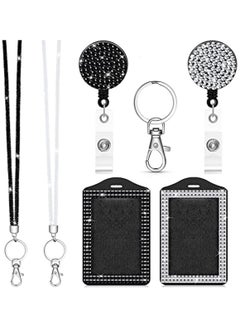 اشتري 2 Set Rhinestone Bling Lanyard with ID Badge Holder Lanyard for ID Badge Diamond Crystal ID Card Holder Retractable Sparkly Lanyard with Metal Clasp Key Ring for Women (Black, White) في الامارات