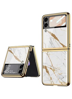Buy Samsung Z Flip 4 Case, Z Flip 4 Case Ultra-Thin Tempered Glass Phone Case Protective Cover for Samsung Galaxy Z Flip 4 5G Fashion Electroplated PC Back Cover, Gold line White in Egypt