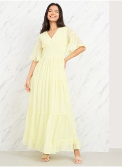 Buy Gathered Detail Sheer Sleeves Tiered Maxi Dress in Saudi Arabia