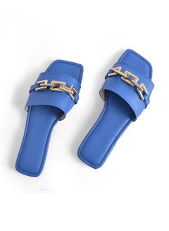 Buy Slipper Flat Leather With a chain SL-130 - Blue in Egypt