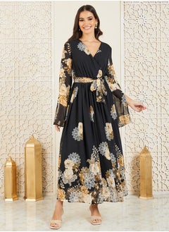 Buy Floral Print Self Tie Up A-Line Wrap Maxi Dress in Saudi Arabia