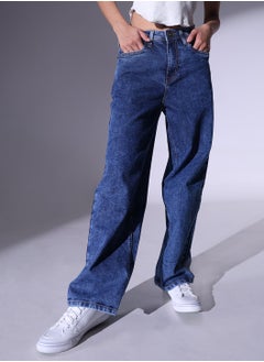 Buy Women Relaxed Fit High-Rise Clean Look Heavy Fade Stretchable 90s Baggy Jeans in UAE