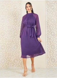 Buy Dobby High Neck Self Tie Up A-line Midi Dress in Saudi Arabia