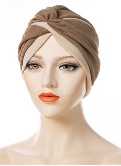 اشتري Muslim Hijab Instant Hijab for Women two-color Stitching Forehead Cross Turban Islamic  Fashion Cotton Head Cover for Women and Girls Brown+Beige في السعودية