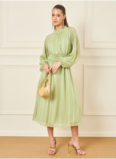 Buy Dobby High Neck Smocked Detail Midi Dress in Saudi Arabia