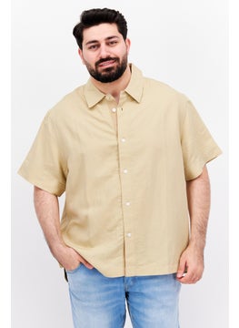 Buy Men Pointed Collar Short Sleeve Plain Casual Shirt, Beige in UAE