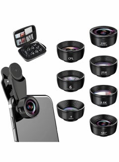 Buy Phone Lens Kit 7 in 1, 210° Fisheye Lens+ 25X Macro Lens+ 120°Wide Angle Lens+ Telephoto Lens+ CPL+ Kaleidoscope+ Starburst, Clip-on Camera Lens for Samsung Android iPhone 11 12 X Xr pro in UAE