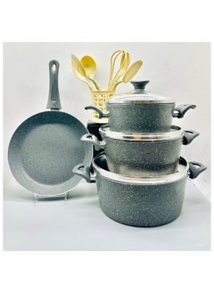 Buy Granite engraved aluminum cookware pots and pans set, with a modern design, in Saudi Arabia