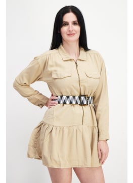 Buy Women Solid Belted Midi Dress, Beige in Saudi Arabia