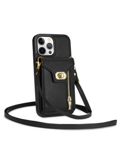 Buy Crossbody Wallet Case for iPhone 15 Pro Max Back Cover with RFID Blocking Card Slot Phone Holder, Magnetic Flip Purse Case Protector PU Leather Zipper Handbag with Lanyard Strap in UAE