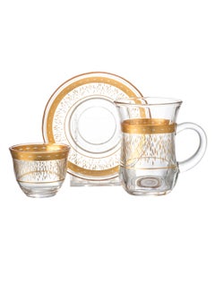 Buy 36 Pieces Saudi Glass Tea And Coffee Set With Golden Decoration Consisting Of 12 Tea Cups + 12 Tea Saucers + 12 Saudi Coffee Cups in Saudi Arabia