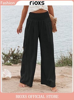 Buy Women Casual Wide Leg Cotton Linen Trouser Comfy Elastic High Waist Pant With Pockets in UAE