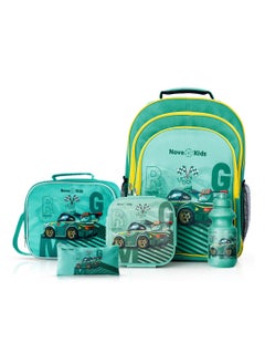 اشتري Nova Kids 16 Inch School Bag with Lunch Bag, Pencil Pouch, Lunch Box and Water Bottle - Car Racing - Green في السعودية