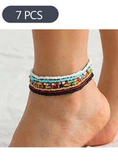 Buy 7-Piece Multilayered Women Anklets, Handmade Beaded Anklets Personality Creative Anklet, Colorful Elastic Bracelets Ankle Foot Jewelry for Girls in Saudi Arabia