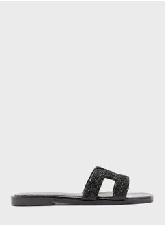 Buy Diamante Edge Cutout Flat Sandal Black in UAE