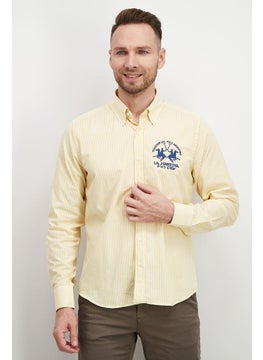 Buy Men Regular Fit Pointed Neck Long Sleeve Stripe Casual Shirt, Marigold and Optic White in Saudi Arabia