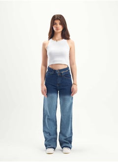 Buy High-Waist Dark Wash Degrade Double Waisted Straight Wide Leg Jeans. in Saudi Arabia