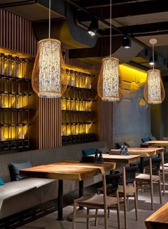 Buy Modern Bamboo-Woven LED Chandelier Dining Room Luxury Wooden Glass Pendant Light Kitchen Living Room Hanging Light 20*23CM in Saudi Arabia