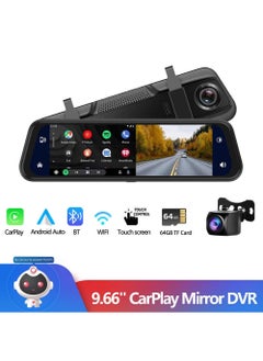 Buy Mirror Dash Cam with Wireless CarPlay & Wireless Android Auto , 9.66 Inch 1080P HD Touchscreen Waterproof Dash Cam with 4K Front Camera +1080P Reversing Cameral, 64G TF Card in Saudi Arabia