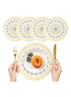 اشتري Round Placemats, 4 Pack Farmhouse Cotton Woven Placemats for Dining Table Bohemian Heat Resistant Fringe Circle Placemats Non-slip Kitchen Table Placemats في السعودية