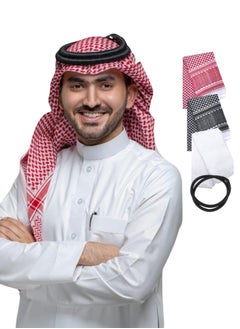 Buy 4-Piece Keffiyeh Set | Red & White, Black & White, Plain White Ghatra & Black Headband | Classic Middle Eastern Headwear for Ceremonies, Outdoor Activities & Daily Style | Keffiyeh (55x55 inches) with Headband (22 inches) in UAE