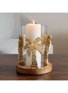 Buy Rayon Aluminium Glass Palm Tree Candleholder with Round Wooden Base 17 x 21.5 x 17 cm in Saudi Arabia