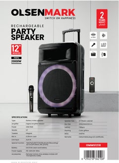 اشتري Olsenmark Rechargeable Party Speaker- OMMS1218/ Powerful Trolley Sound System, with Wireless Mic and Remote Control/ Bluetooth Connectivity, Recording Functions, LED Lights, Supports USB, TF, TWS, FM/ 2-Years Warranty, Black في الامارات