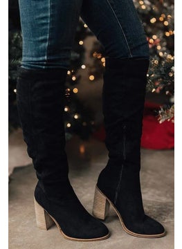 Buy 2020 Knee-High Boots Slim Velvet Womens Chunky Heel Autumn WinterBlack Black in UAE