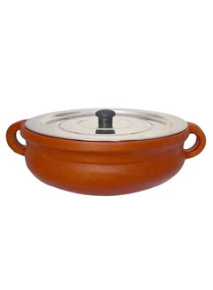 Buy Handmade Earthen Clay Pot Kadai with Stainless Steel Lid Made by Indian Artisan, Red, 3 Litre in UAE
