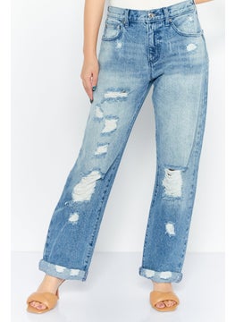 Buy Women Regular Fit Washed Denim Jeans, Blue in UAE