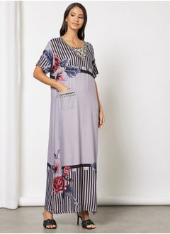 Buy Jalabiya With Floral And Stripe Print Embellished With Lace in UAE