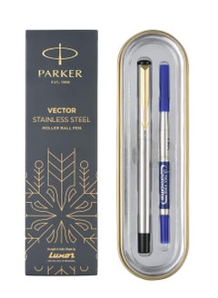 Buy Parker Vector Stainless Steel Gold Trim Roller Ball Pen | Ink Color - Blue | Perfect For Corporate Use | Elite Pen For Professionals in UAE