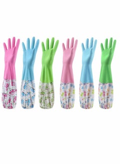 Buy 2 PCS Rubber Gloves | Dishwashing Gloves Non Slip Household Kitchen Cleaning Rubber Gloves with Lining for Women   Long Arm   One Size – [Color] and [Pattern] Sent Randomly in UAE