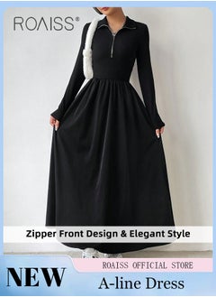 Buy Zipper Front A-Line Dress for Women Slim Fit Lapel Neck Solid Black Color Minimalist Long Sleeve Dress Ladies Stylish Versatile Waistming Temperament Knitted Dress in UAE