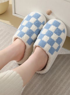 Buy Checkerboard Lattice Design Bedroom Slippers for Women Men Couple Plush Fuzzy Cozy House Slippers Autumn and Winter Warm Indoor Outdoor Lightweight Soft Flat Slides White+Blue in UAE