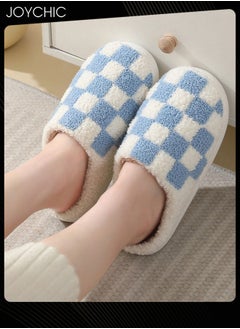 اشتري Checkerboard Lattice Design Bedroom Slippers for Women Men Couple Plush Fuzzy Cozy House Slippers Autumn and Winter Warm Indoor Outdoor Lightweight Soft Flat Slides White+Blue في السعودية