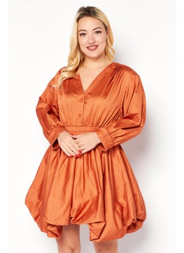 Buy Women Plain Button Detail Long Sleeve Mini Dress, Dark Orange in UAE