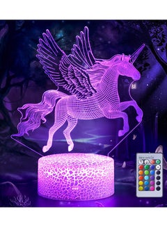 اشتري 3D Illusion Lamp Unicorn, 3D Flying Unicorn Night Light Remote Control Desk Visual Lamp 16 Changeable Colors Birthday Gifts Night Lights for Girls Kids Home Decor في مصر