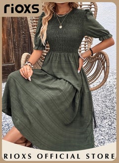 Buy Women Casual Short Sleeve Crew Neck Fall Dress Bohemian Relaxed Fit Flowy Maxi Dresses Tiered Cocktail Dress in UAE