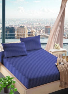 Buy Navy Blue Cotton Double Striped Fitted Elastic Bedsheet 150x200+20cm in UAE