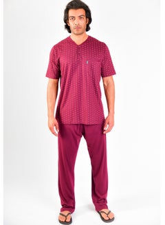 Buy Jet Men Summer Pajama Set Printed Top & Plain Bottom - Burgundy in Egypt