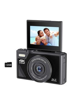 Buy 64MP Digital Camera for Photography and Video: 4K Vlogging Camera for YouTube with 3'' Flip Screen and 32GB TF Card, 16X Digital Zoom Digital Camera for Gift (Black) in UAE