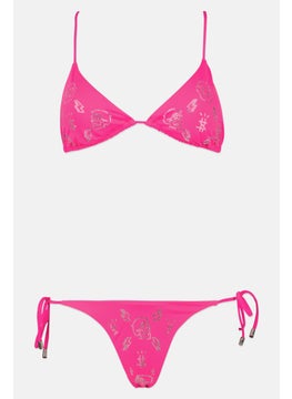 Buy Women 2 Pieces Embellished Padded Bikini Top And Bottom Set, Pink/Silver in UAE