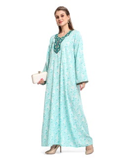 اشتري FRONT NECK EMBROIDERED AND FLORAL EMBROIDERED AQUA GREEN COLOUR ARABIC KAFTAN JALABIYA DRESS في السعودية