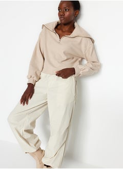 Buy Beige Thessaloniki/Knitwear Look Polo Neck Zippered Regular/Regular Fit Knitted Sweatshirt TWOAW24SW00000 in Egypt