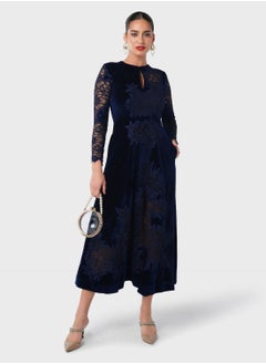 Buy Lace Patch Velvet Dress in UAE