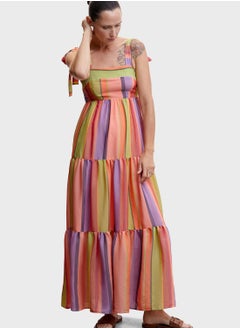 Buy Striped Tie Shoulder Tiered Dress in UAE