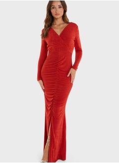 Buy Surplice Neck Ruched Detail Dress in UAE