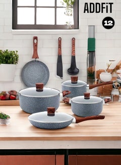Buy 12-Piece Granite Coating Cookware Set Grey/Brown/Clear in Saudi Arabia