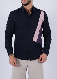 Buy Men’s Color Blocked Stylish Collared Neck Long Sleeves Shirt in Midnight in UAE